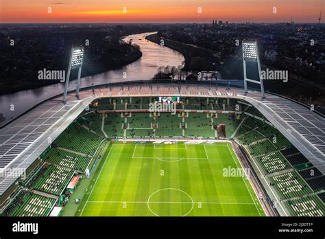 Aerial view on Illuminated Weserstadion, SV Werder Bremen stadium Stock ...