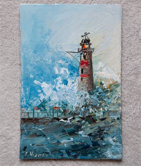 Lighthouse Oil Painting Original Art Ocean Storm Seascape | Etsy