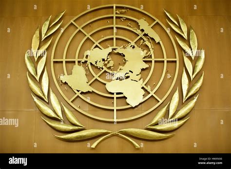 The UN Emblem decorates the wall of the Assembly Hall of the United ...