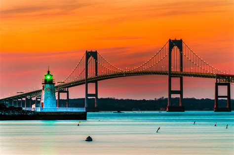 Download Claiborne Pell Bridge Rhode Island Newport Orange (Color) Sky Sunset Earth Lighthouse ...