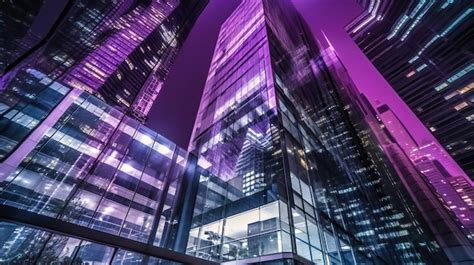 Premium AI Image | A stunning night shot of a modern glass building with surrounding skyscrapers ...