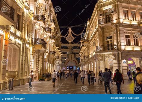 Nizami Street with Bright Night Illumination. Shopping Center of Baku ...