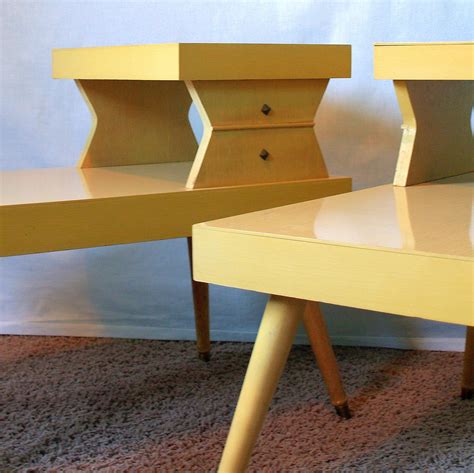 ATOMIC END TABLES Vintage 50s Mid Century Modern Blonde 2 Tiered End Table Set Retro Geometric ...