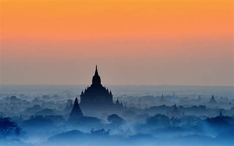 HD wallpaper: Amber, Bagan, blue, Buddhism, landscape, mist, Myanmar ...