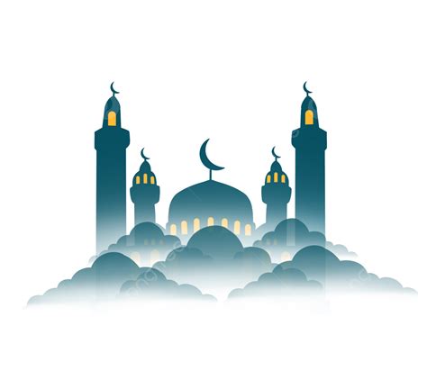 Mosque Night White Transparent, Dark Green Islamic Mosque With Cloud Night Flat Design Cartoon ...