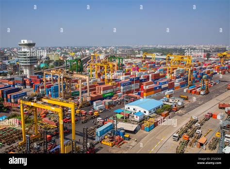 Aerial view of Chittagong Port. It is the main seaport of Bangladesh. Located in Bangladesh's ...