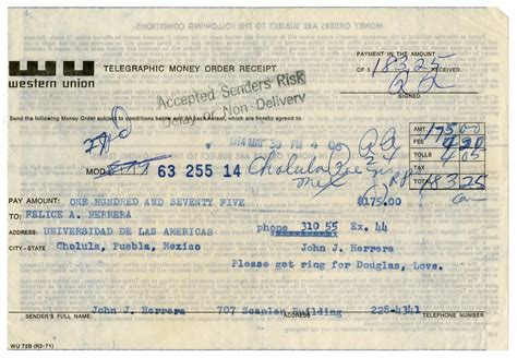 [Western Union money order receipt from John J. Herrera to Felice A. Herrera - May 30, 1974 ...