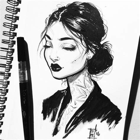 By Lydia Fenwick female cartoon character with tattoos black and white ink brush pen | Brush pen ...