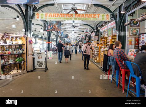 Interior view of New Orleans French Market, customers shopping at Shops ...