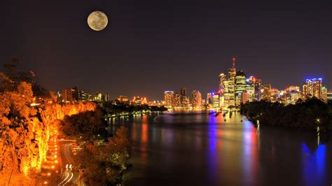 Wallpaper : lights, city, cityscape, night, building, reflection, Moon, skyline, evening, river ...