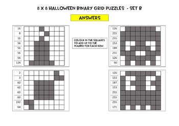 Halloween Binary Number Grid Puzzles - 8 x 8 grids, 8 puzzles, notes, answers.