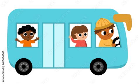 Vector blue bus with driver and passengers. Funny autobus for kids with ...