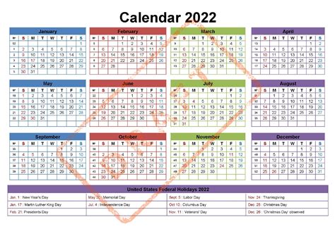 Yearly Calendar 2022 Printable With Federal Holidays Free Calendar - Riset