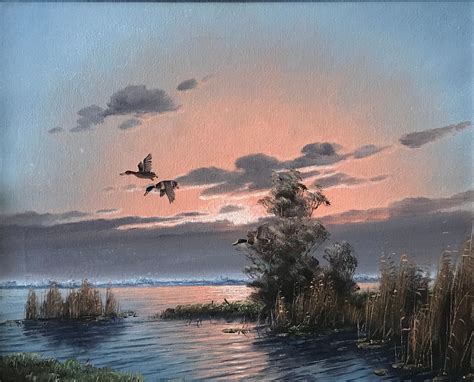 Stunning Oil Painting Of Duck Flight At Sunset Over The Estuary By Glen Brouwer