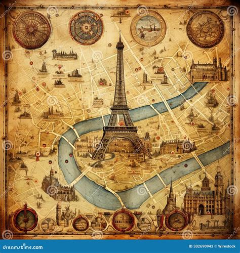 AI Generated Illustration of a Vintage Map Featuring the Iconic Eiffel Tower, Located in Paris ...