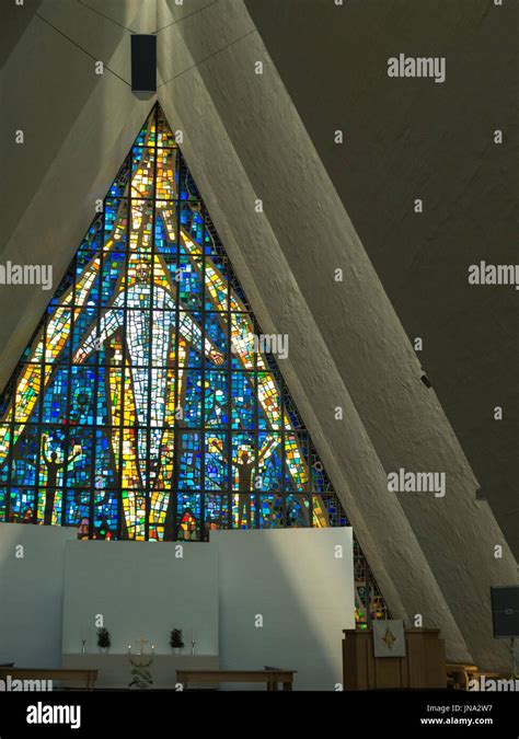 Altar and stained glass window Arctic Cathedral, dominates Tromso city ...