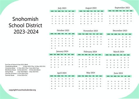 Snohomish School District Calendar with Holidays 2023-2024