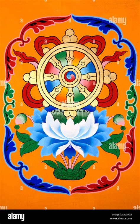 Tibetan Buddhism painting symbol wheel of life above lotus flower Jokhang Lhasa Tibet China ...