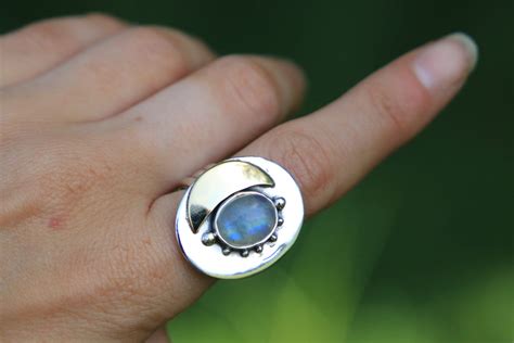 MOONSTONE MOON RING - Bespoke Sterling Silver Ring - Magic Moon - Brass Moon Jewelry - Crystal ...