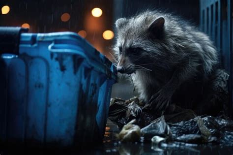 Premium AI Image | A raccoon rummaging through a trash can at night