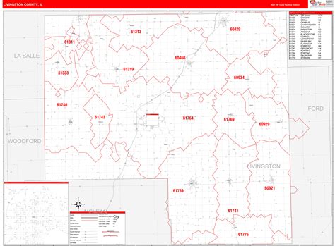 Livingston County, IL Zip Code Wall Map Red Line Style by MarketMAPS - MapSales.com