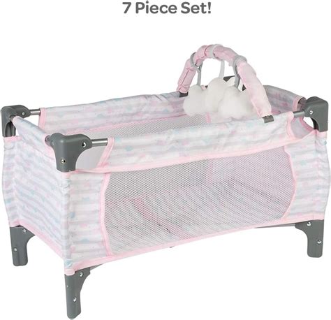 Adora Baby Doll Crib Pink Deluxe Pack N Play 7-Piece Set Fits Dolls up to 20 inches, Bed/Playpen ...