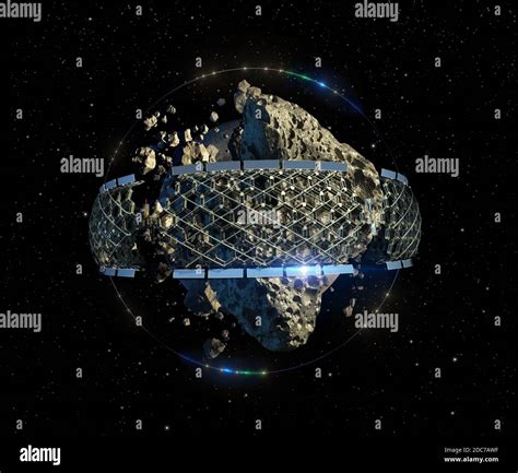 3D Illustration of an asteroid mining space colony with a megastructure ...