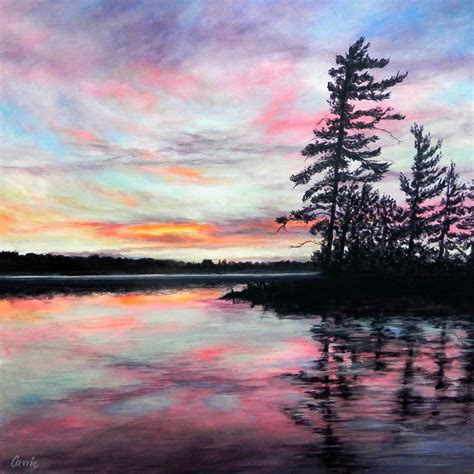 Sunset Lake tree Reflection Muskoka painting. 16"x16" Acrylic | Sky ...