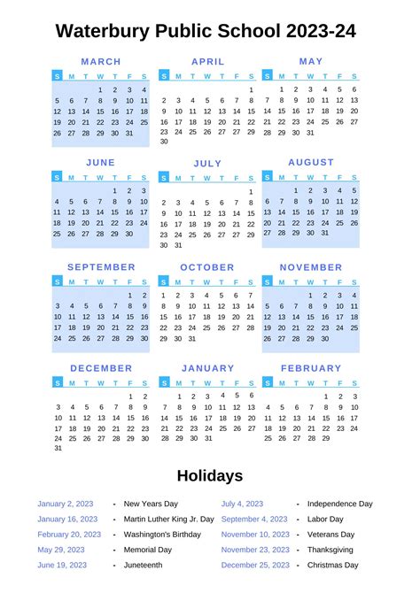 Waterbury Public Schools Calendar 2023-24 With Holidays