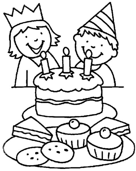 Boy and Girl Ready to Blow Candle on Chocolate Birthday Cake Coloring ...