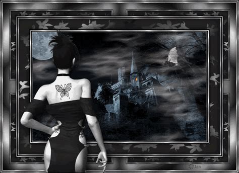 a woman in a black dress with a butterfly tattoo on her back, standing next to a castle