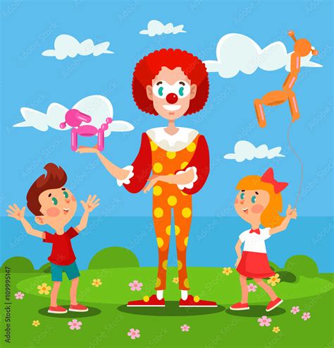 Clown is making balloon animals for children. Vector flat cartoon illustration Stock Vector ...