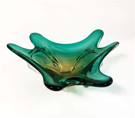 Vintage Emerald Green and Yellow Art Glass Bowl - Star Shaped Heavy Large Murano Glass Bowl ...