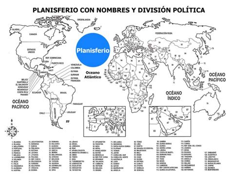 Planisferio con nombres y división política: Listo para imprimir