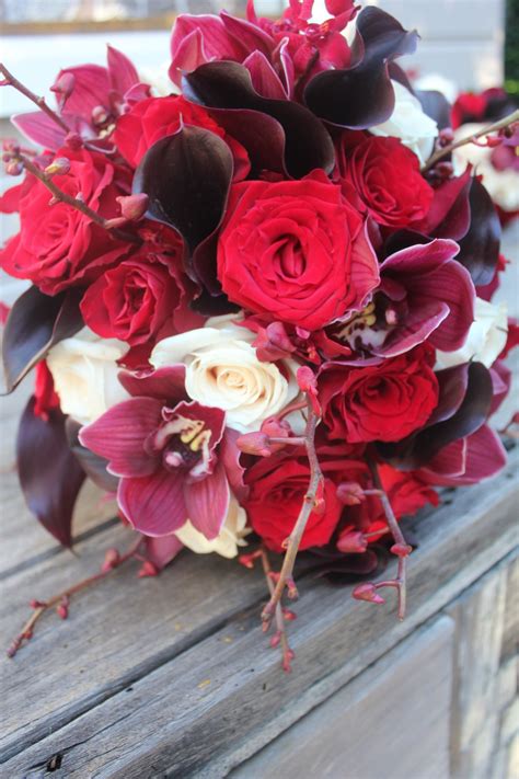 Rich Red and Ivory wedding bouquet with Calla Lily, Roses, Spider ...