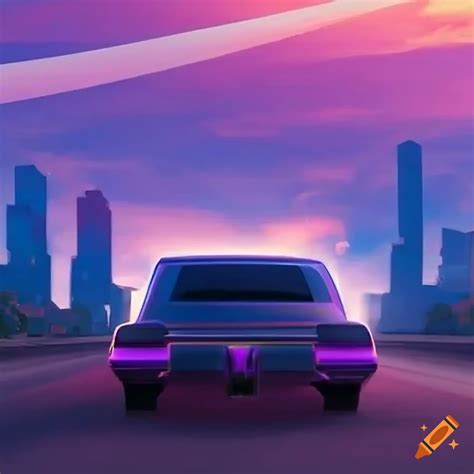 Retrowave car driving into a sunlit city