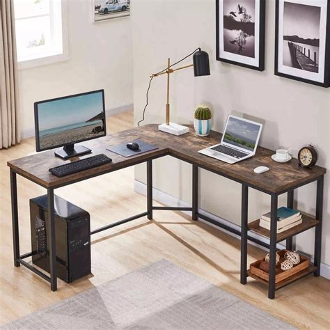 L-shaped Computer Desk Industrial Wood and Metal Sturdy Corner Table ...