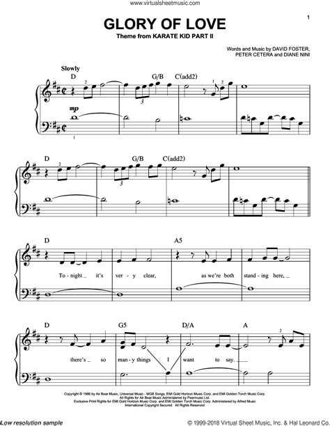 Glory Of Love, (beginner) sheet music for piano solo (PDF)