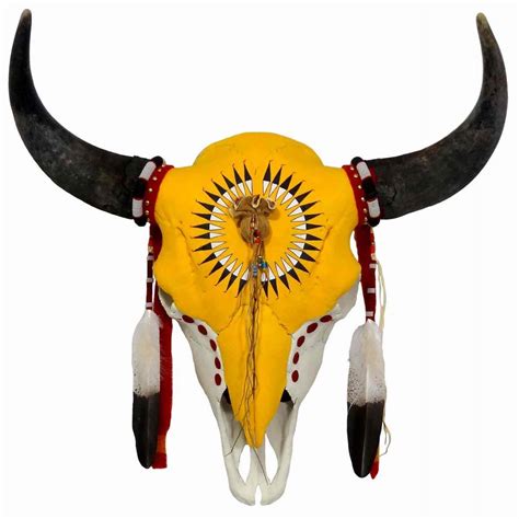 Hand Painted Buffalo Skull w. Feather Design Native American Made ...