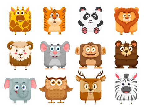 Square animal faces, kawaii cartoon zoo characters 24082038 Vector Art ...