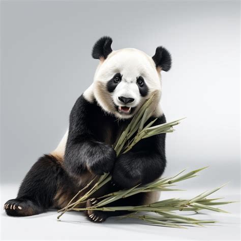 Un oso panda está comiendo bambú y tiene un fondo blanco. | Foto Premium