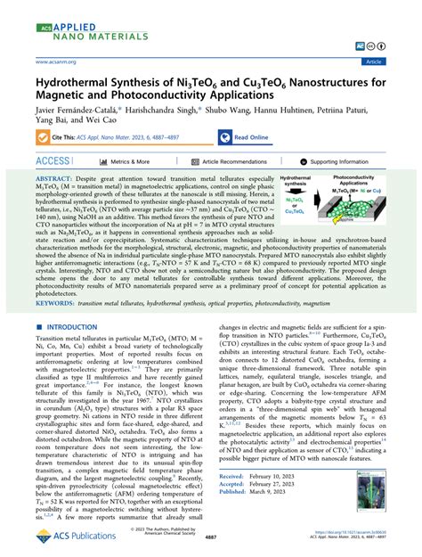 (PDF) Hydrothermal Synthesis of Ni 3 TeO 6 and Cu 3 TeO 6 Nanostructures for Magnetic and ...