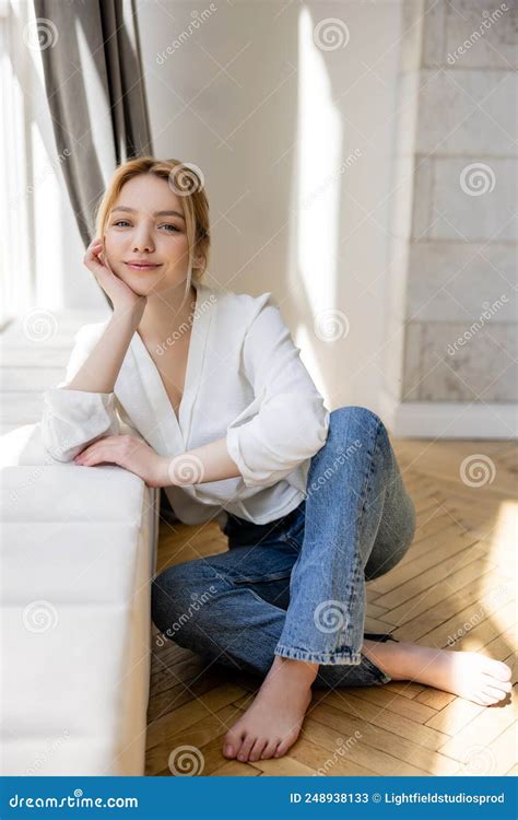 Barefoot Woman in Jeans Smiling at Stock Image - Image of caucasian, barefoot: 248938133