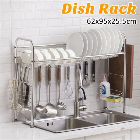 Buy 2 Teir 95cm Dish Drainer Stainless Steel Over Sink Dish Drying Rack Drainer All-in-One ...