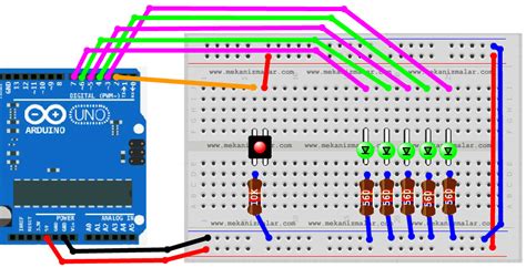 Arduino five led control in sequence with a button