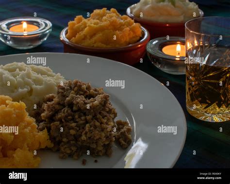 Burns Supper, haggis with neeps and tatties and a wee dram of Scotch ...