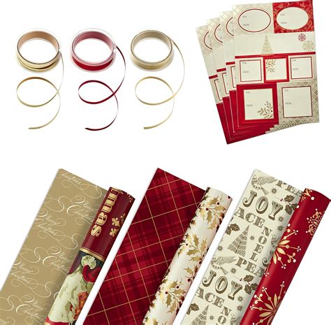 Hallmark Reversible Christmas Wrapping Paper Set with Ribbon and Gift Tag Stickers (Traditional ...