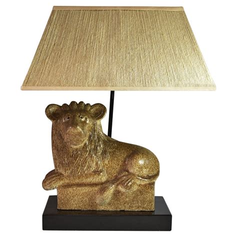 Ceramic Lion Table Lamp by Steve Chase Original String Shade For Sale at 1stDibs