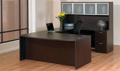 Napa Espresso Bowfront Executive U-Shape Desk with Glass Door Hutch - DEXA Commercial Interiors