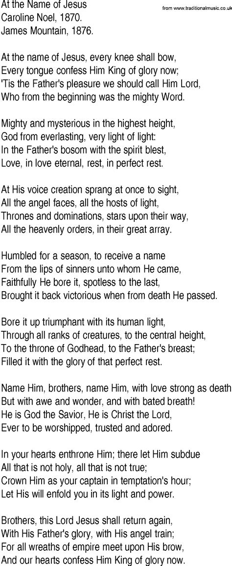 Hymn and Gospel Song Lyrics for At the Name of Jesus by Caroline Noel